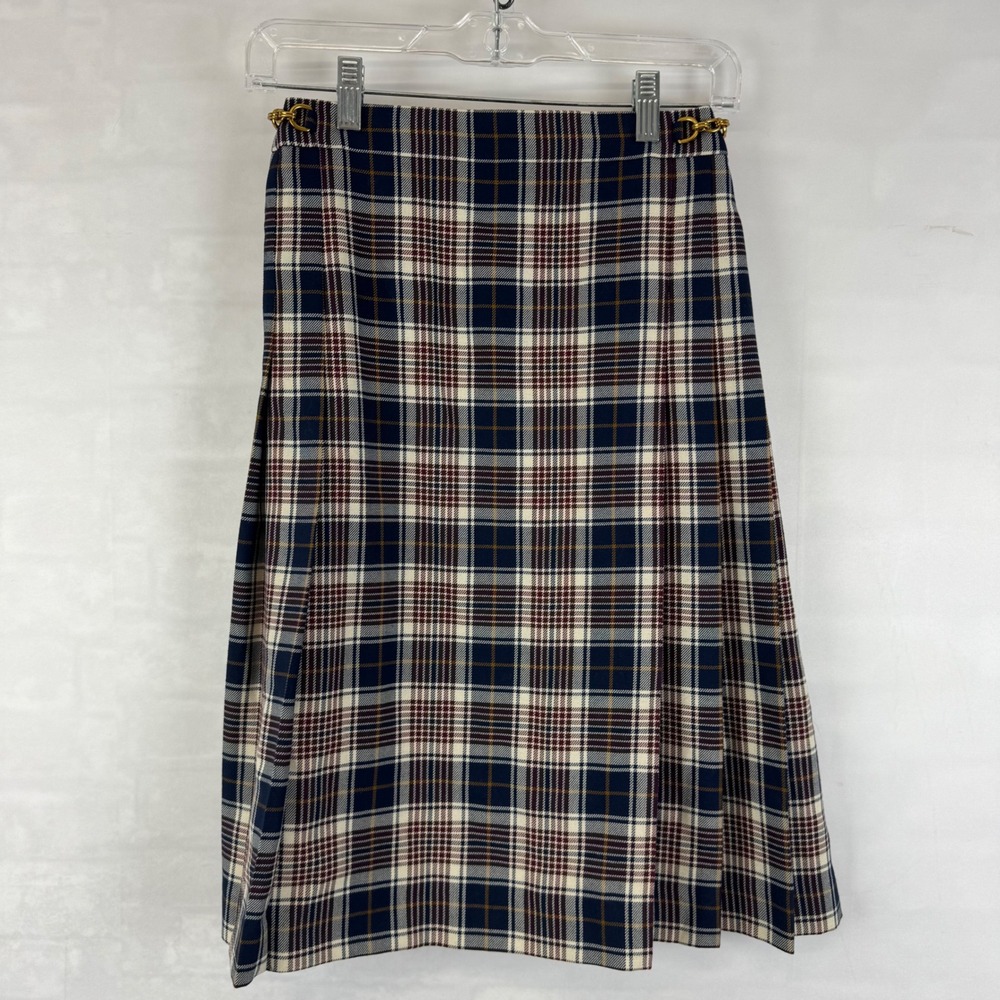 Tory Burch Navy, Cream & Burgundy Plaid Midi Skirt